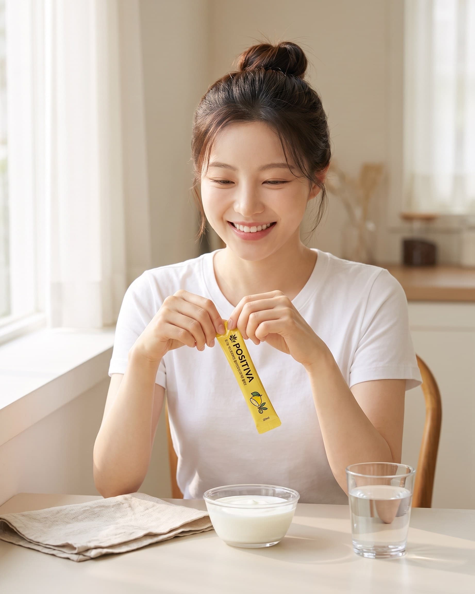 요거트 볼 곁에서 스틱을 여는 손